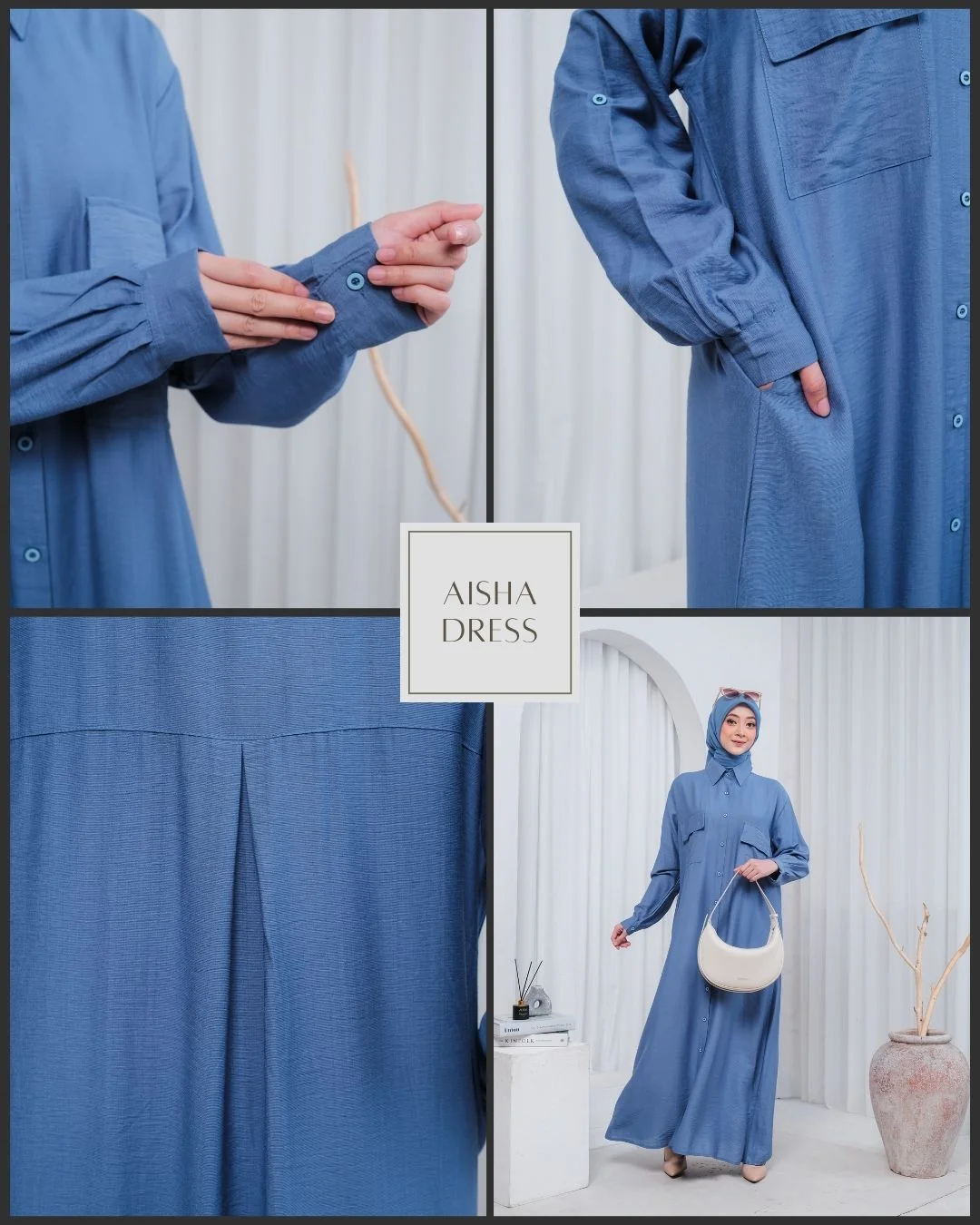 Aisha Dress Wanita Muslimah All Size, Bahan Polo Linen, Saku Dada, Gamis Casual Elegan