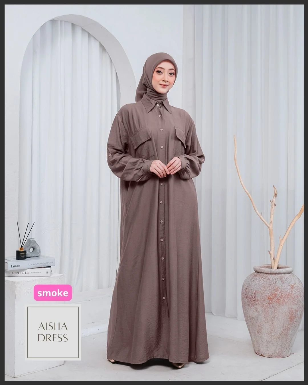 Aisha Dress Wanita Muslimah All Size, Bahan Polo Linen, Saku Dada, Gamis Casual Elegan