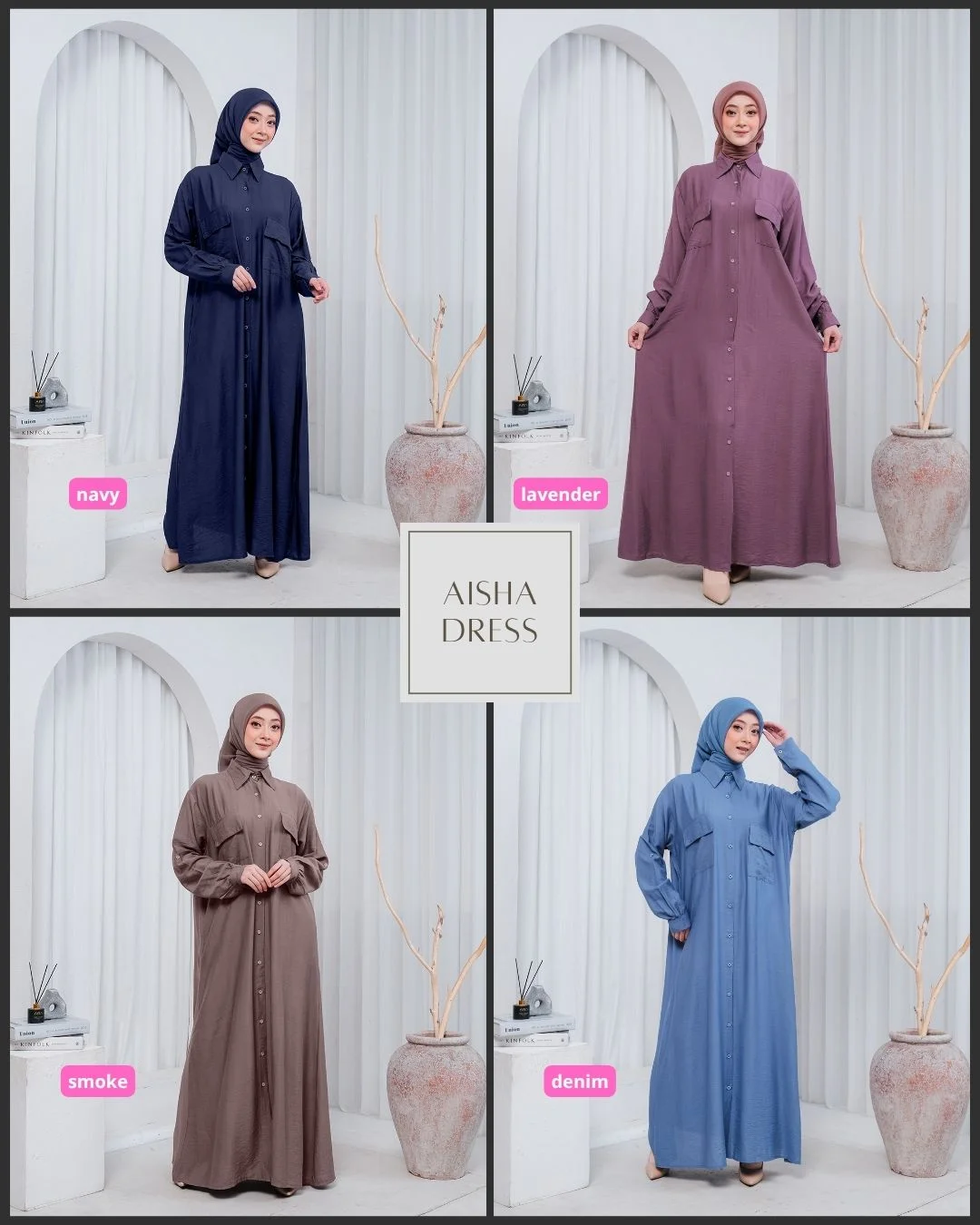 Aisha Dress Wanita Muslimah All Size, Bahan Polo Linen, Saku Dada, Gamis Casual Elegan