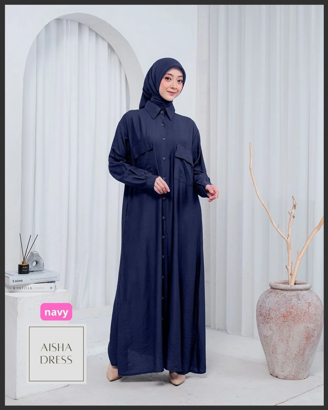 Aisha Dress Wanita Muslimah All Size, Bahan Polo Linen, Saku Dada, Gamis Casual Elegan