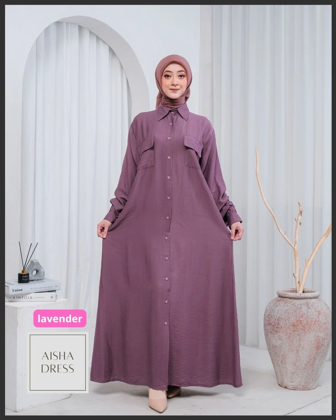 Aisha Dress Wanita Muslimah All Size, Bahan Polo Linen, Saku Dada, Gamis Casual Elegan