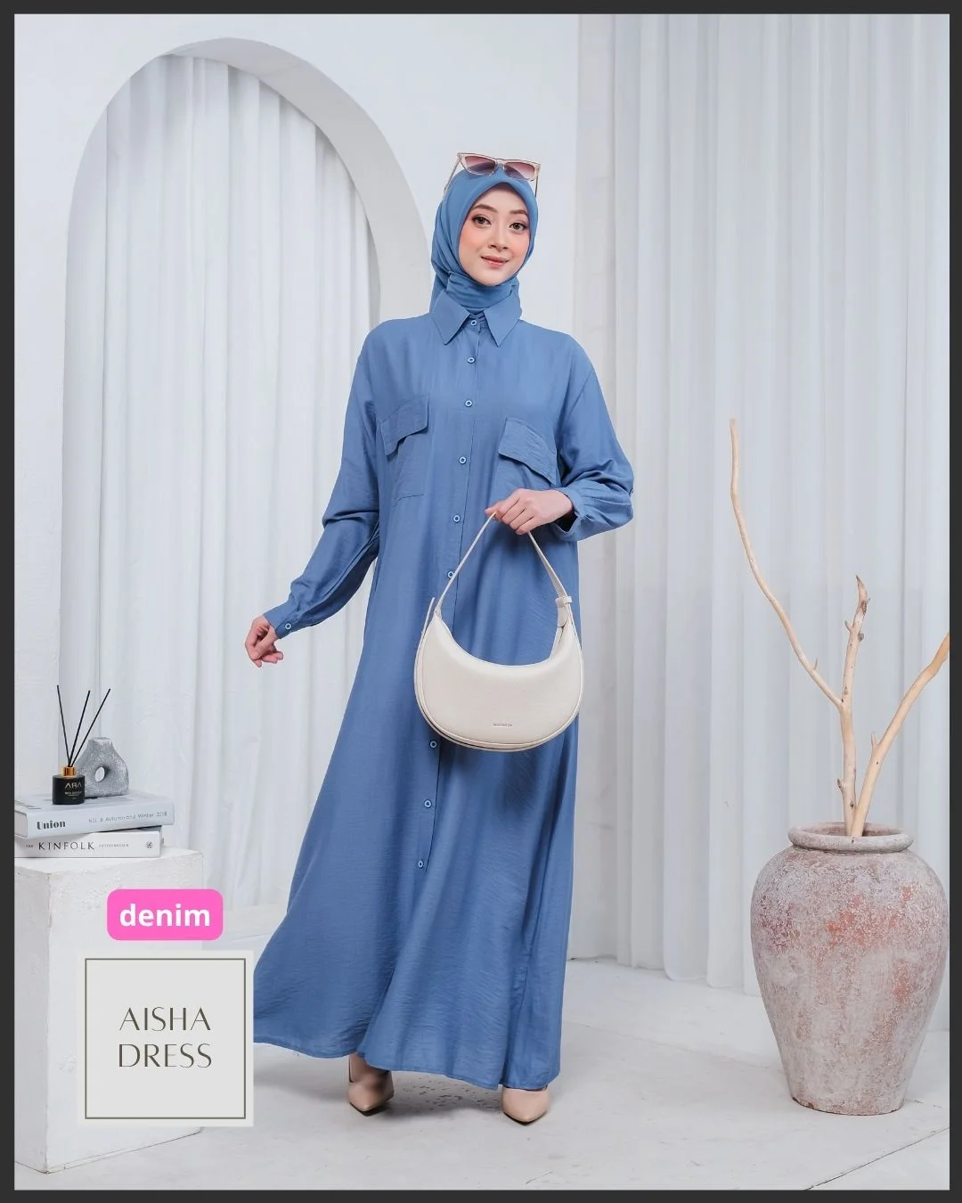 Aisha Dress Wanita Muslimah All Size, Bahan Polo Linen, Saku Dada, Gamis Casual Elegan